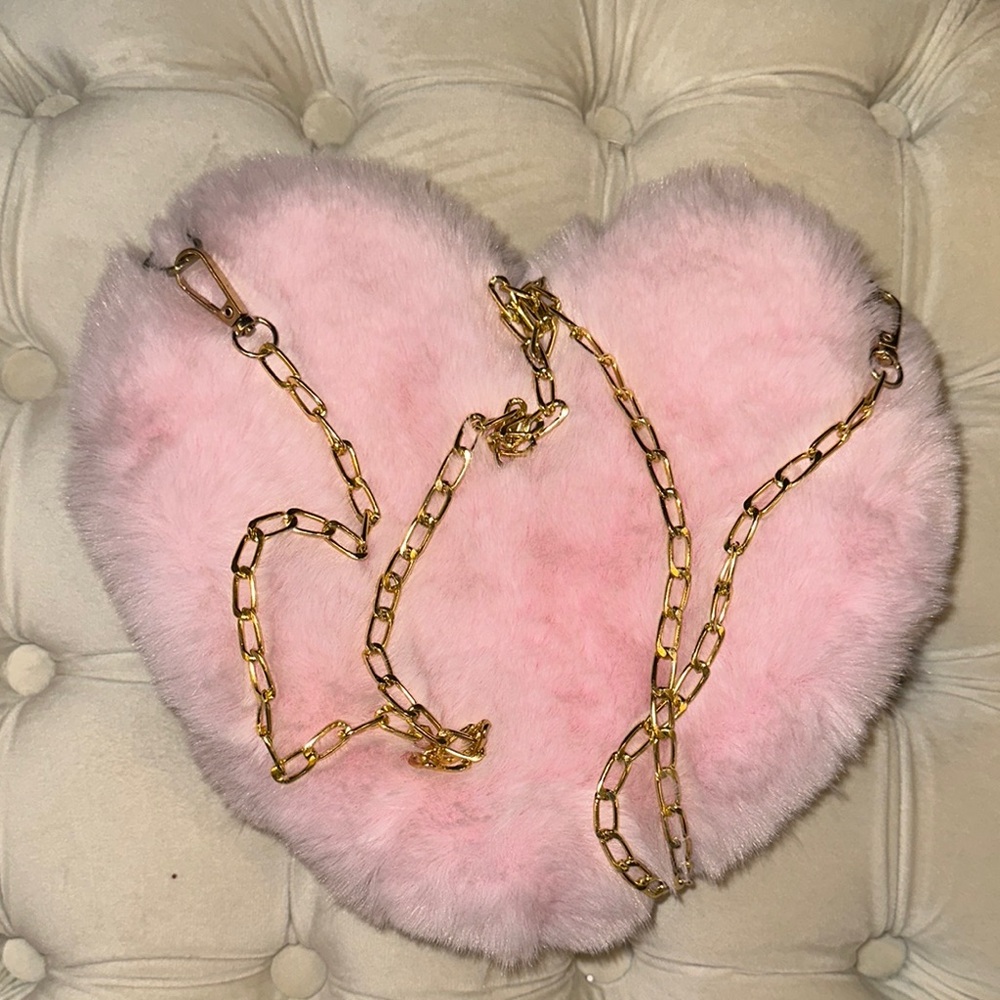 Heart-Shaped Pink Fur Bag with Gold Chain